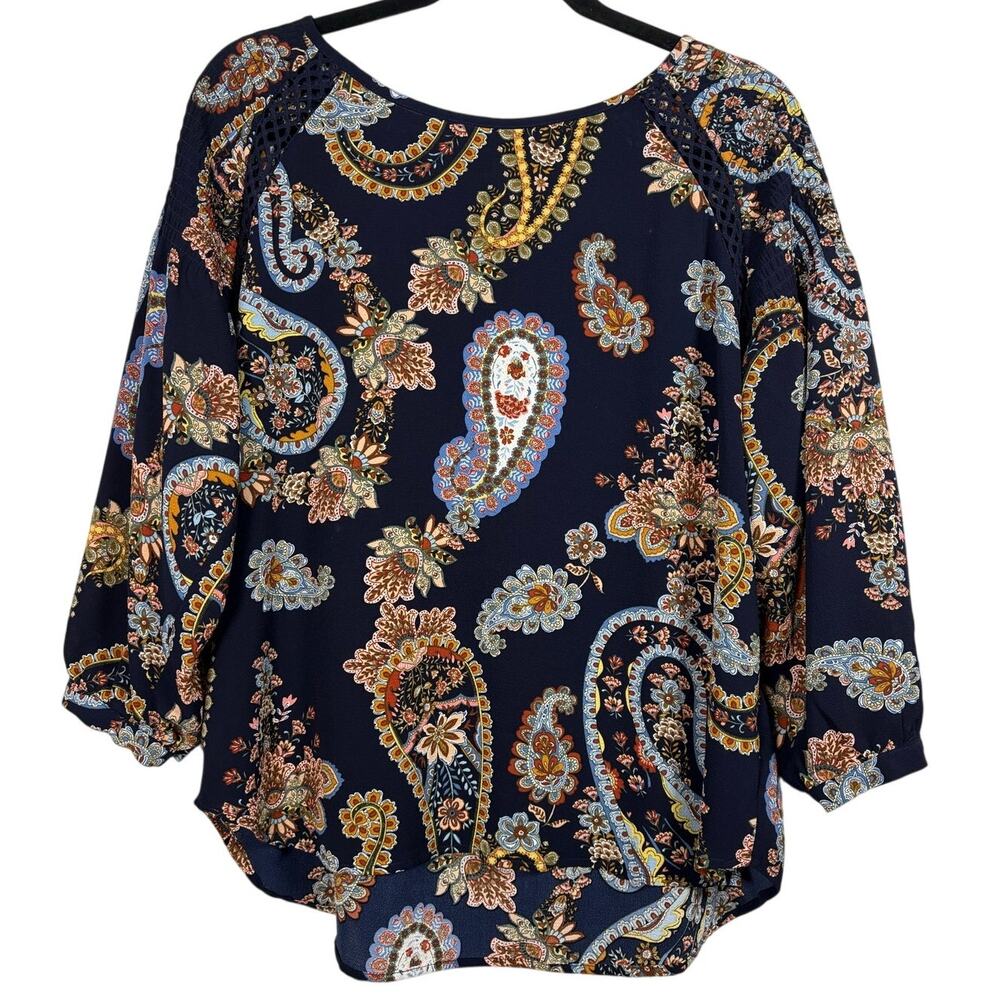 Zac & Rachel Navy Paisley Boho Blouse Poof Sleeve Top Petite XL